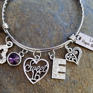 Sweet 16 Birthday Girl Personalized Bangle Bracelet w/ Rhinestone Charms Initial , Birthstone, heart charms Birthday Gift Option to ENGRAVE image 1