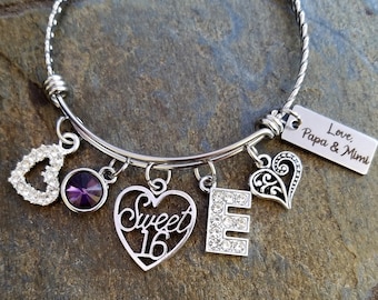 Sweet 16 Birthday Girl Personalized Bangle Bracelet W/ Rhinestone - Main Image
