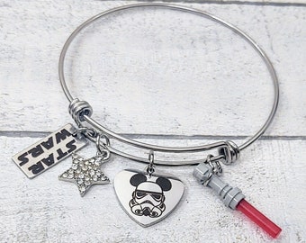 Storm Trooper Mickey Star Wars Inspired Bangle Bracelet Rhinestone Star You Choose Color Light Saber Red Blue Green Pink Personalized name