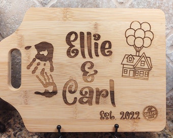 Personalized Name and Date Up Movie Inspired Cheese, Cutting Wood Board  Kitchen Art Decor Engraved  Anniversary Valentine's day grape soda