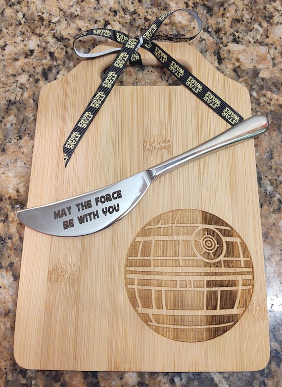 Star Wars Death Star May the Force Be With You Engraved Wood Cutting,  Cheese Board Gift Set Spreader Knife Star Wars Kitchen Gift Wedding 