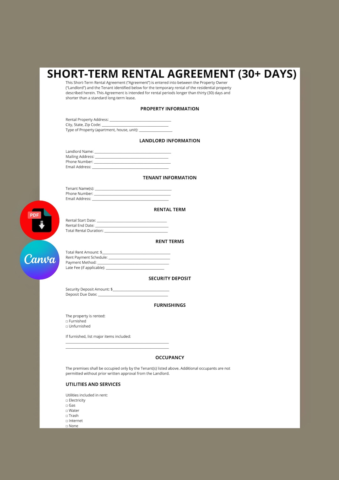 Short Term Rental Agreement 30 Day Lease Contract US Editable