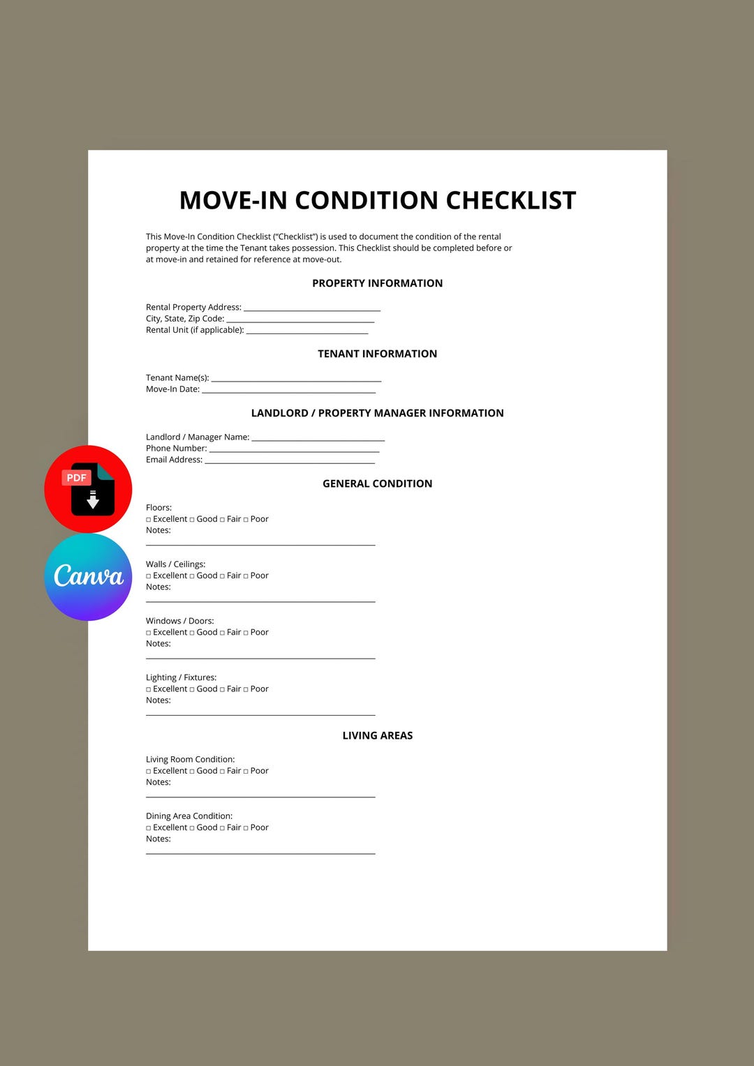 Move in Condition Checklist | Rental Property Inspection Form ...