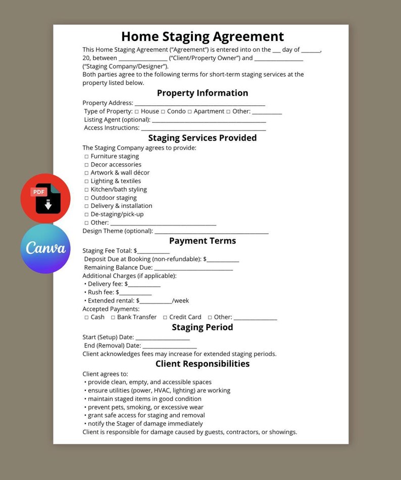 Home Staging Agreement Template | Editable Realtor Contract (canva PDF ...