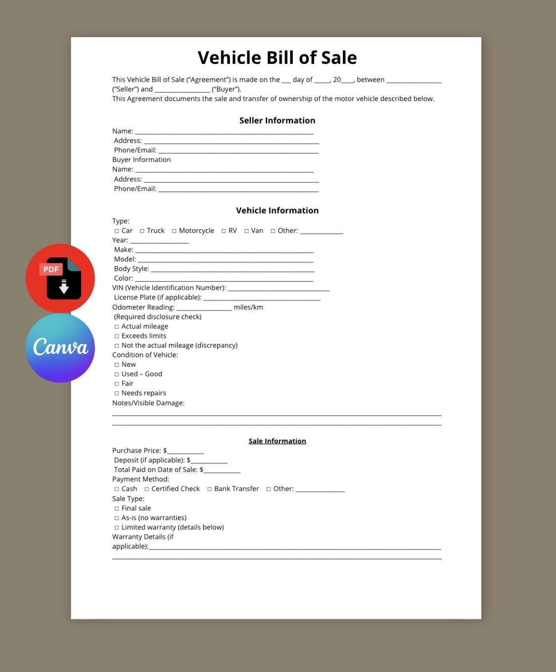 Bill of Sale for Rv - Etsy Canada