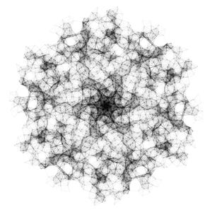Puede incluir: Arte digital abstracto en blanco y negro. La imagen presenta una compleja red de líneas y formas interconectadas, creando un patrón denso e intrincado. El diseño es centrado y simétrico, con un núcleo oscuro que se desvanece hacia afuera.