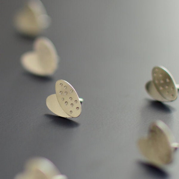 Sterling Silver Earrings, Polka Dot, Hearts, Ear Studs, Modern, Contemporary