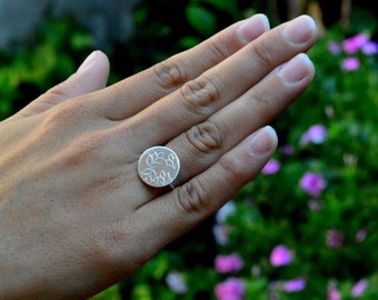 Leaf Ring, Sterling Silver, Leaf, Textured, Circle, Modern Ring
