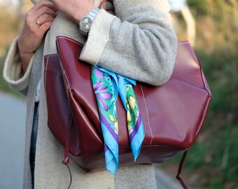 Large Burgundy Leather Tote Bag with Scarf Accent – Handmade Women’s Everyday Shoulder Bag – Soft Leather Shopper, Gift for Her