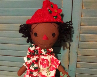 Christmas Black African American Raggedy Doll-Tall and Thin-Handmade Crocheted SCARF-OOAK