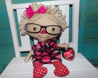 Raggedy Annie Ann Doll With Rhinestone Reader Glasses Handmade OOAK