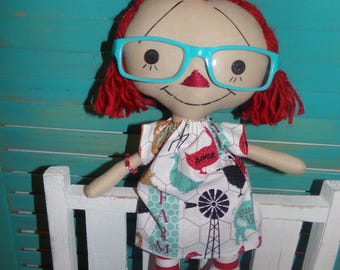Farm Girl Raggedy Ann Annie Doll with Aqua Reader Glasses