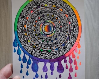 Neonowa mandala A5, szczegółowy rysunek ścienny wykonany ręcznie
