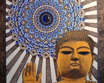 Dibujo original de mandala de Buda, laminado, tamaño A4.