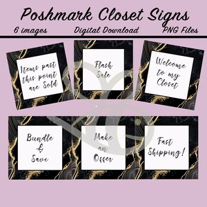 Könnte beinhalten: Digitaler Download von sechs Poshmark Closet-Schildern. Jedes Schild zeigt ein weißes Quadrat mit schwarzem Text auf einem schwarzen und goldenen Marmorhintergrund. Die Schilder enthalten Sätze wie "Artikel, die diesen Punkt überschritten haben, sind verkauft" und "Schneller Versand!"
