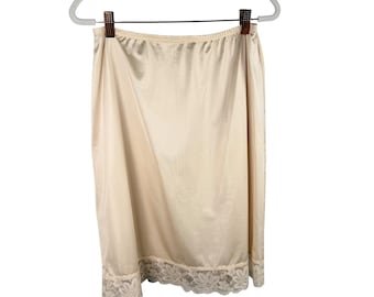 Lorraine Vintage Half Slip Skirt Beige Lace Trim Nylon Short Medium Made in USA