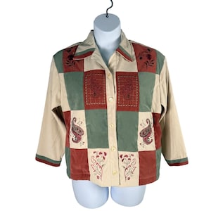 G.W. Petite Division of Graff Vintage Patchwork Embroidered Button Up Jacket Tan