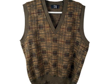 TSR Męski duży sweter w kratę vintage z dekoltem w serek, brązowy, z mieszanki wełny akrylowej