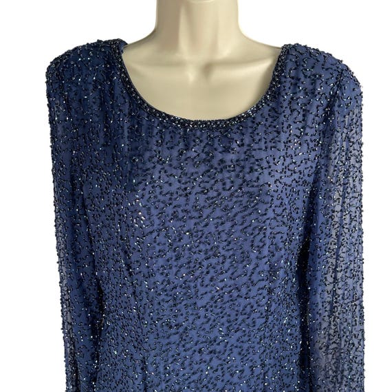 Vintage Peak Evenings Dress Womens 8 Navy Hand Beaded Long Sheer Sleeves Maxi