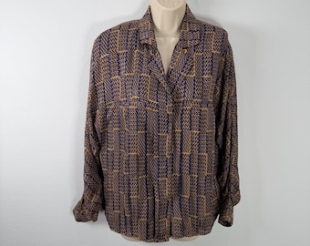 Camicetta da donna Jhane Barnes, taglia 6, in seta, blu e oro, con motivo geometrico pied de poule e maniche a 3/4.