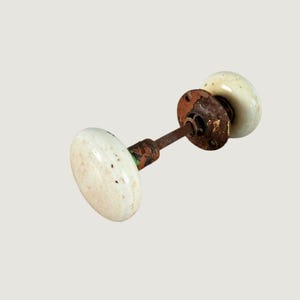 Antique White Porcelain Door Knob with Spindle and Rosette Rusty Iron Hardware