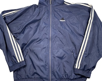 Chaqueta Adidas vintage Y2K para hombre, cortavientos azul marino mediano con capucha forrada de malla ventilada