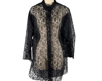 ニットライン カリフォルニア ブラック シアーレース ボタンフロント シャツ チュニック トップ ミディアム ヴィンテージ