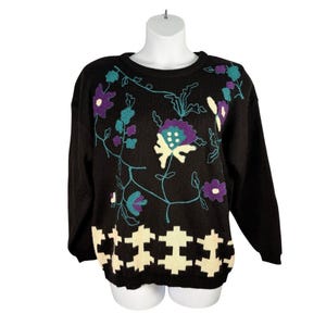 Vintage gebreide trui met extra punt voor referentiepunt 1 x zwarte bloemenborduursel