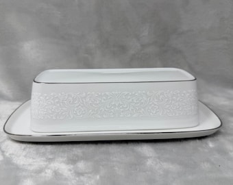 Crown Victoria Empress Fine China Butter Dish with Lid White Floral Silver Trim