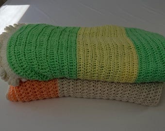 Lot of 2 Vintage Handmade Crochet Afghan Blankets Green Peach White Striped