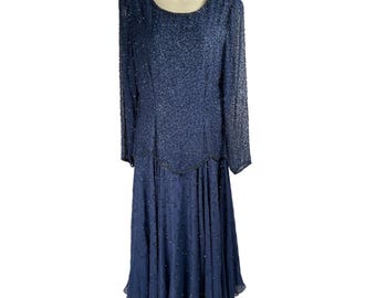 Vintage Peak-avondjurk dames 8 lange, doorschijnende mouwen marineblauw met kralen, maxi