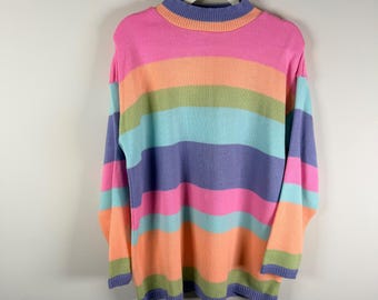 Bedford Fair Lifestyles Vintage pastel regenboog gestreepte acryl trui groot VS