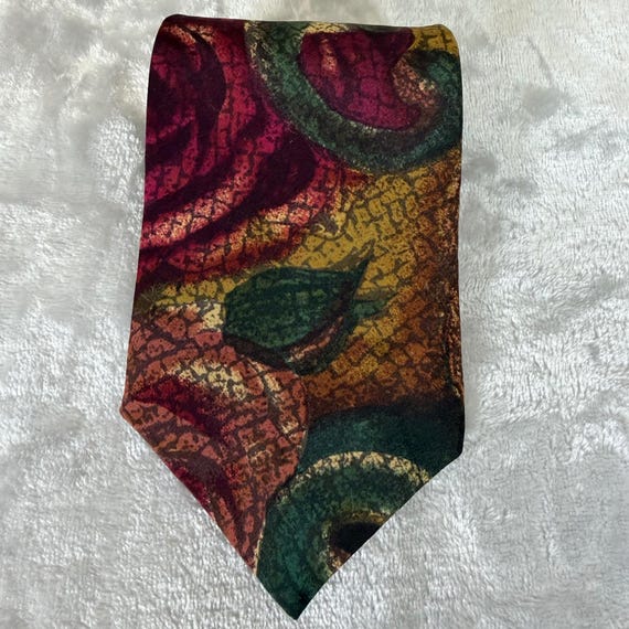 Essentia Silk Necktie Abstract Floral Geometric Burgundy Green Gold Vintage 55L