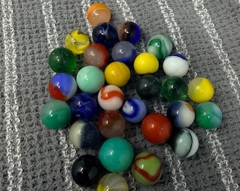 Vintage Glass Marbles Lot Mixed Colors Swirls Cat Eye Solid 30 Pieces