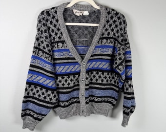 Pull cardigan jacquard vintage pour homme en laine mélangée gris bleu M Italie