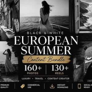 Könnte beinhalten: Ein digitales Content-Paket mit Schwarz-Weiß-Fotos und Videoclips mit dem Text Black & White European Summer Content Bundle 160+ Photos 130+ Reels. Die Bilder zeigen verschiedene Szenen von Personen in Kleidern in der Nähe des Meeres.
