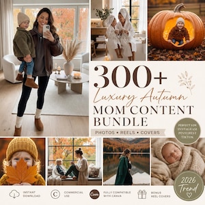 Könnte beinhalten: Ein digitales Content-Paket mit über 300 herbstlichen Bildern, Reels und Covern für soziale Medien. Die Sammlung enthält Fotos von Eltern und Kind in herbstlicher Umgebung, einem Baby im Kürbis und einem Neugeborenen, alles bearbeitbar in Canva.