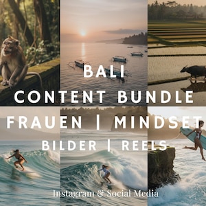 May include: A collage of images featuring Bali landscapes and activities. The images include a monkey, ocean views with boats, rice fields, surfers, and text that reads "Bali Content Bundle" and "Instagram & Social Media".