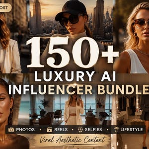 Könnte beinhalten: Ein Werbebild mit mehreren Fotos von Frauen in modischen Umgebungen. Der Text-Overlay lautet "150+ LUXURY AI INFLUENCER BUNDLE" mit zusätzlichen Texten für "PHOTOS, REELS, SELFIES, LIFESTYLE" und "Viral Aesthetic Content". Ein "BONUS REELS"-Symbol ist ebenfalls vorhanden.