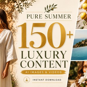 Könnte beinhalten: Eine digitale Grafik mit dem Text PURE SUMMER 150+ LUXURY CONTENT AI IMAGES & VIDEOS. Das Layout zeigt eine Person in einem weißen Kleid mit Weinglas, gelbe Zitronen auf einem Tuch, eine Person an einem Infinity-Pool und weiße Blumen.