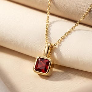 Dainty Ruby Bezel Necklace Gold, Square Emerald Cut Red Solitaire Pendant, Unique July Birthstone Gift Her, Minimalist Layering Chain .