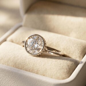 May include: A diamond ring with a round-cut stone, set in a white gold band, presented in an open white jewellery box with a beige interior. The ring has a large, sparkling centre stone and a bezel setting.