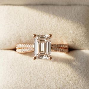 Anillo de compromiso con diamante talla esmeralda, anillo de promesa solitario de plata esterlina para ella, banda dividida con pavé de doble fila, joyería de aniversario.