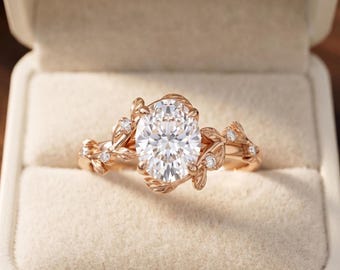 Nature Inspired Oval Cut Engagement Ring, Rose Gold Leaf Vine Ring, Floral Diamond Promise Ring, Vintage Bridal Jewelry Gift for Her .