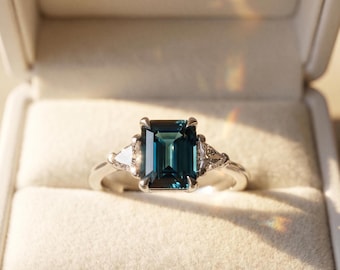 Emerald Cut Teal Sapphire Engagement Ring Trillion Side Stone Solitaire Ring Sterling Silver Promise Ring  Bridal Jewelry Gift for Her .