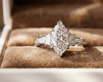 Anillo de diamantes talla marquesa de estilo vintage, joyería nupcial de oro blanco macizo con corte baguette escalonado, anillo de propuesta de lujo de tres piedras, regalo de aniversario.