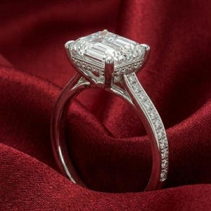 Emerald Cut Simulated Diamond Ring, Sterling Silver Engagement Ring, Pave Band Solitaire Ring, Minimalist Bridal Jewelry.