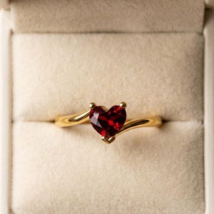 May include: A gold ring featuring a faceted heart-shaped red gemstone set in the center. The band has a smooth, polished finish that curves gently toward the stone, which is held in place by small metal prongs at the top and bottom points.