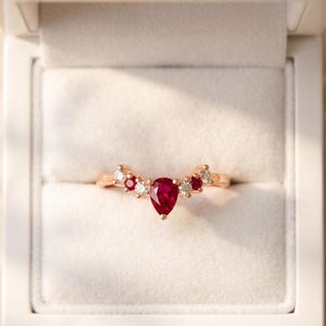 Pear Cut Ruby Chevron Ring, Rose Gold Diamond Curved Band, July Birthstone Tiara Ring, Minimalist Nesting Wedding Band, Gift for Wife .