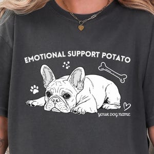 Pepper shirt with sleepy French Bulldog line art illustration featuring custom dog name and “Emotional Support Potato” humorous vintage pet design